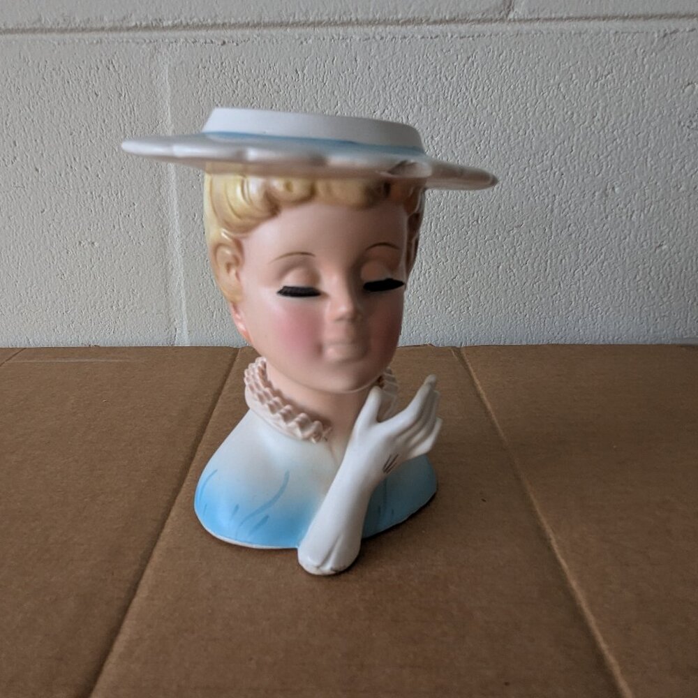 Vintage Lefton Lady Head Planter Vase Light Blue White Hat Eyelashes Glove 4071